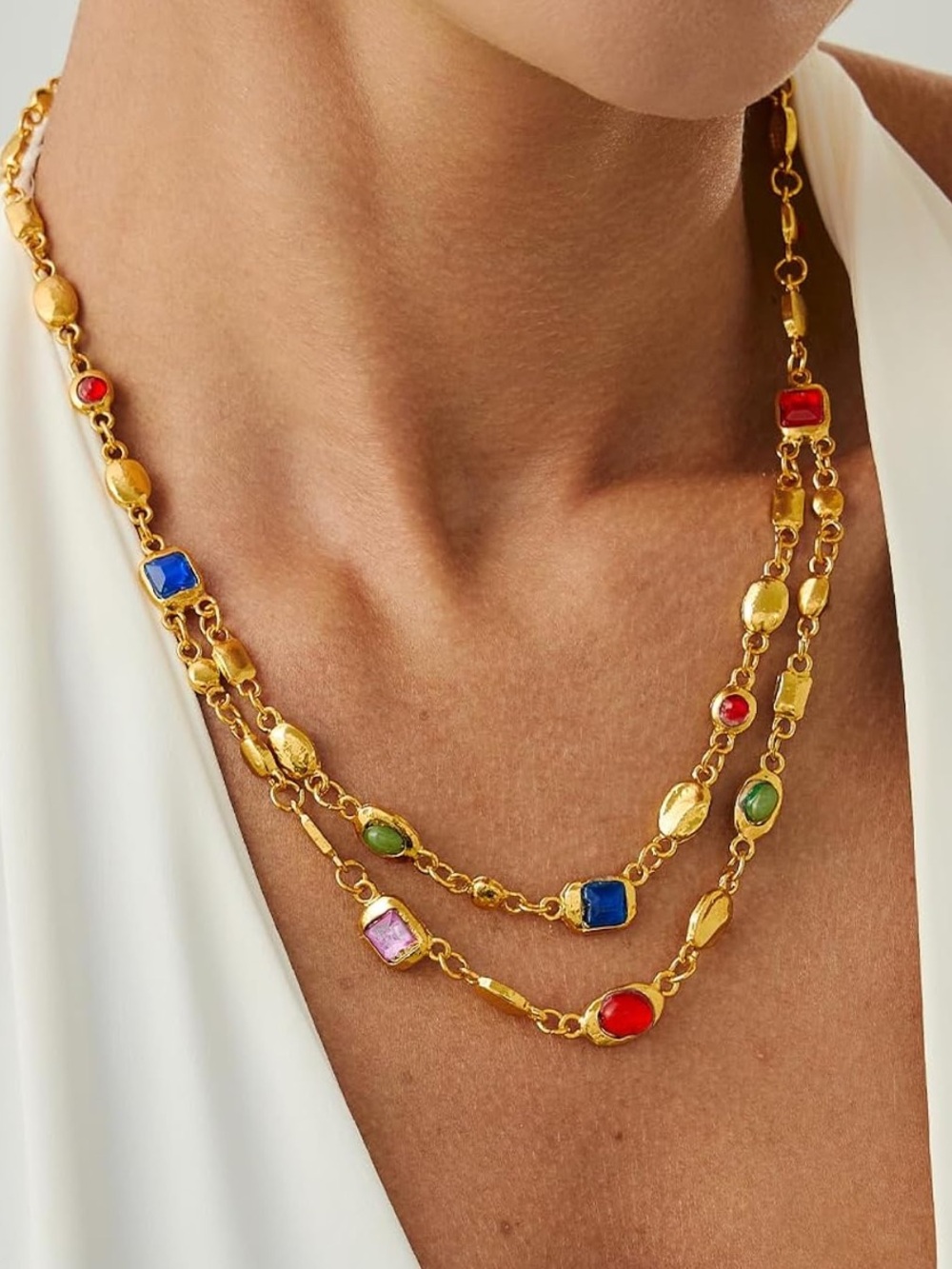 Anthropologie Gold Multi-Strand Necklace with Red, Blue, Green & Pink Stones